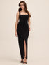 Black Square Neck Knit Crepe Gown with Wrap Skirt - Woman Wearing Elegant Evening Dress - Le Chateau