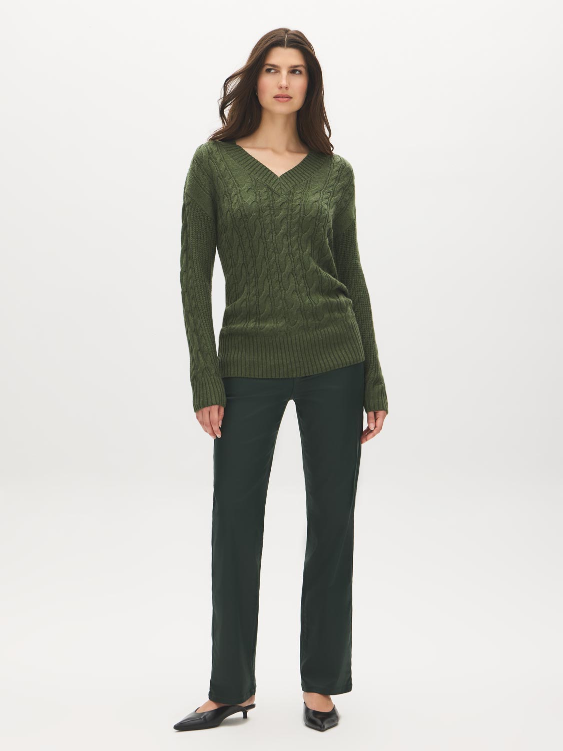 Ivy Melange V-Neck Cable Knit Sweater - Front View - Suzy Shier