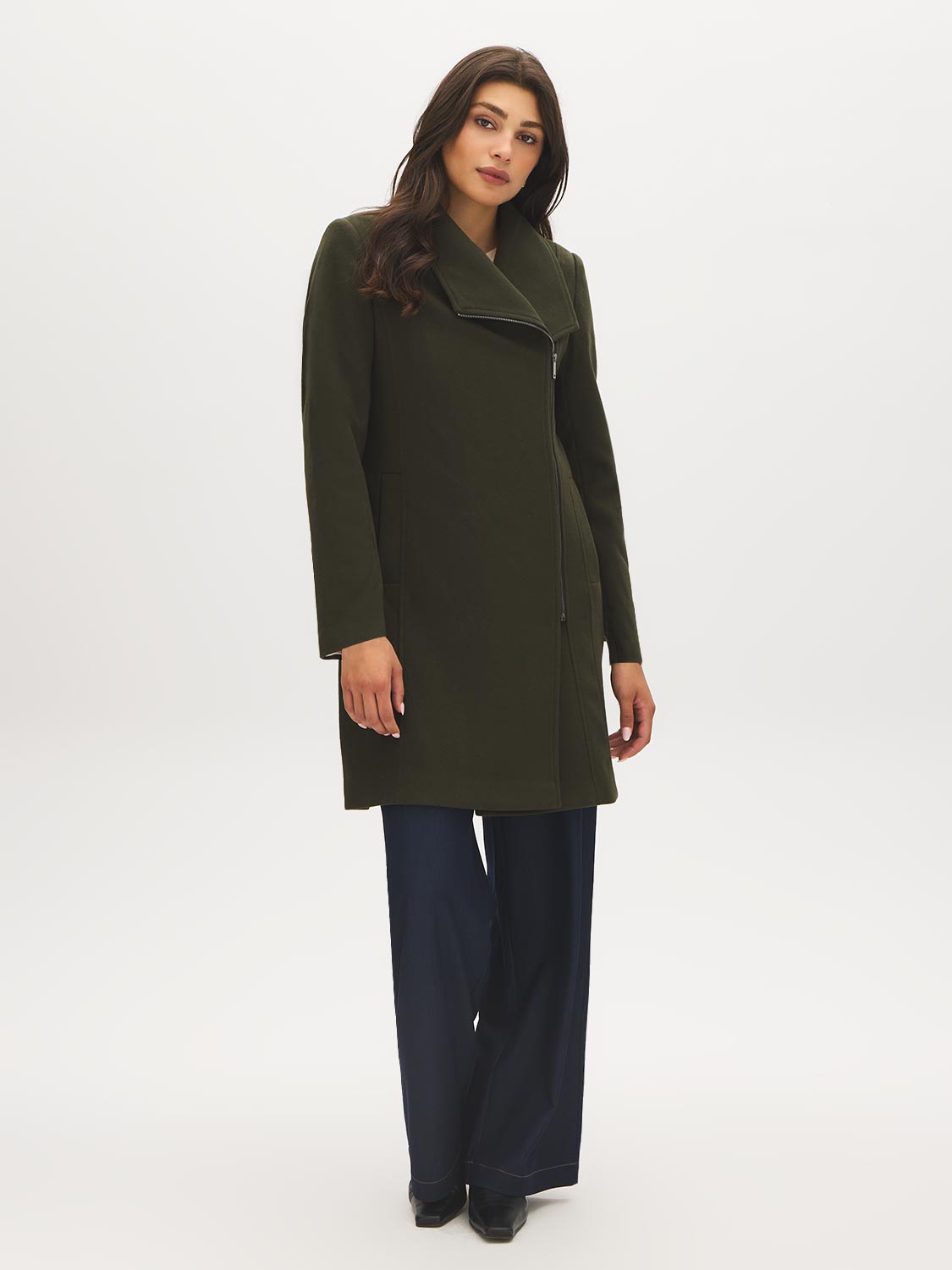 Olive Asymmetrical Zip Front Faux Wool Coat - Front View - Suzy Shier