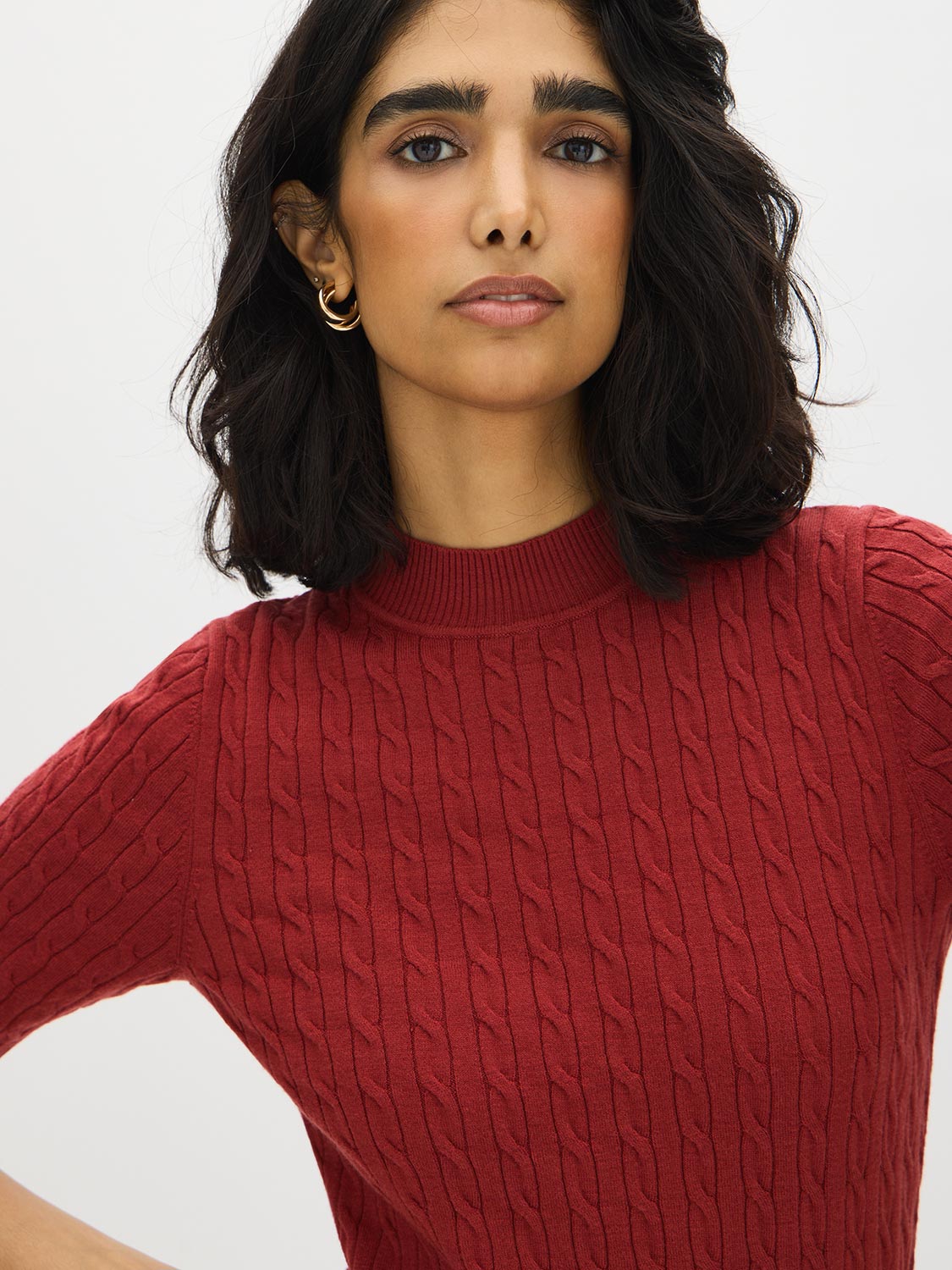 Rosewood Cable Knit Mock Neck Sweater - Close-up Fabric Detail - Suzy Shier
