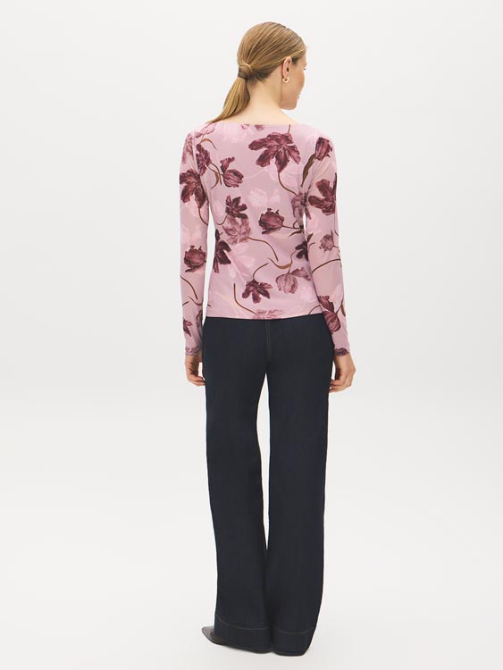 Dusty Pink Floral Mesh Boat Neck Top - Back View - Suzy Shier