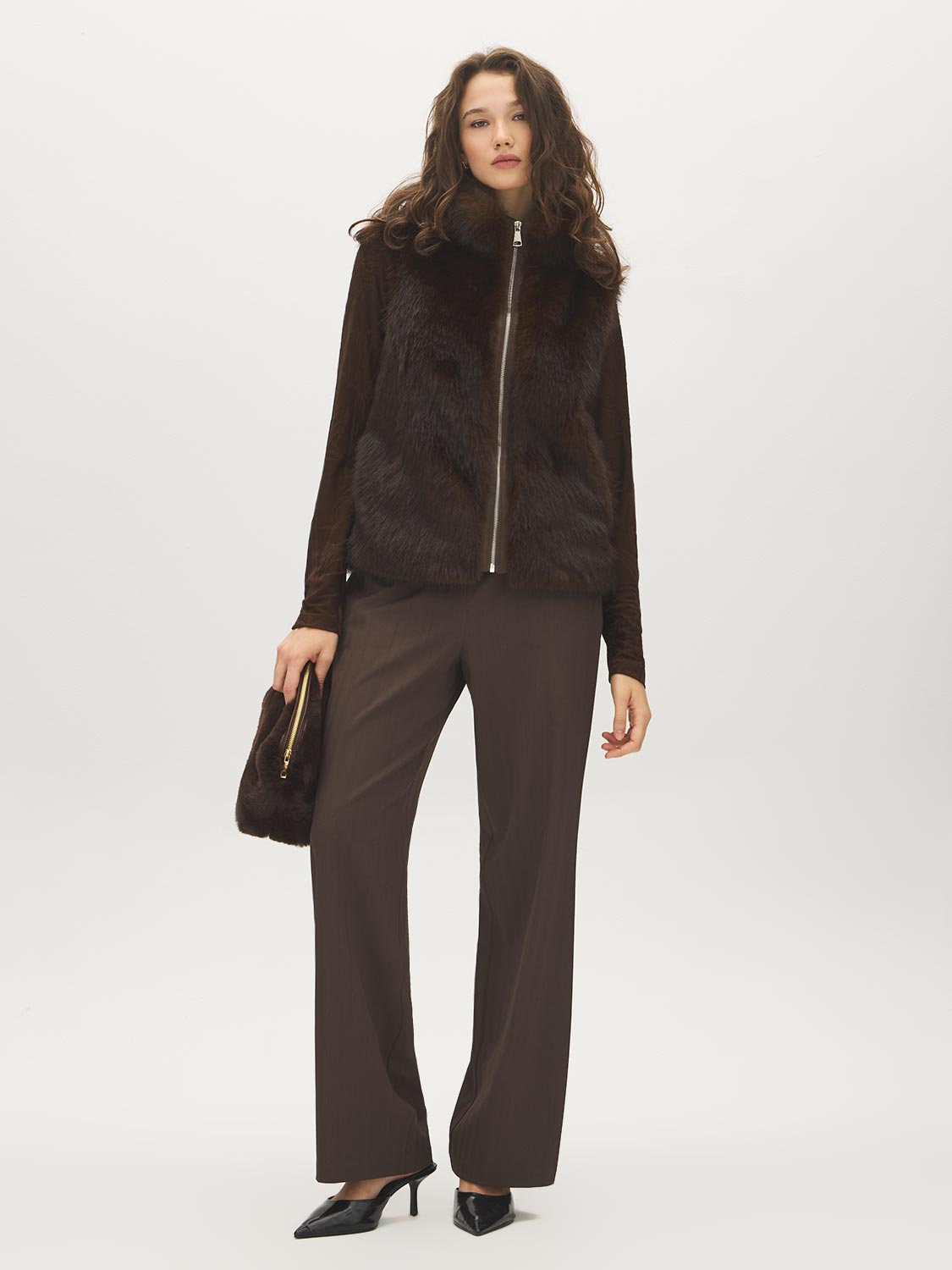 Brown Faux Fur Vest Jacket with Leather Detail - Front View - Suzy Shier