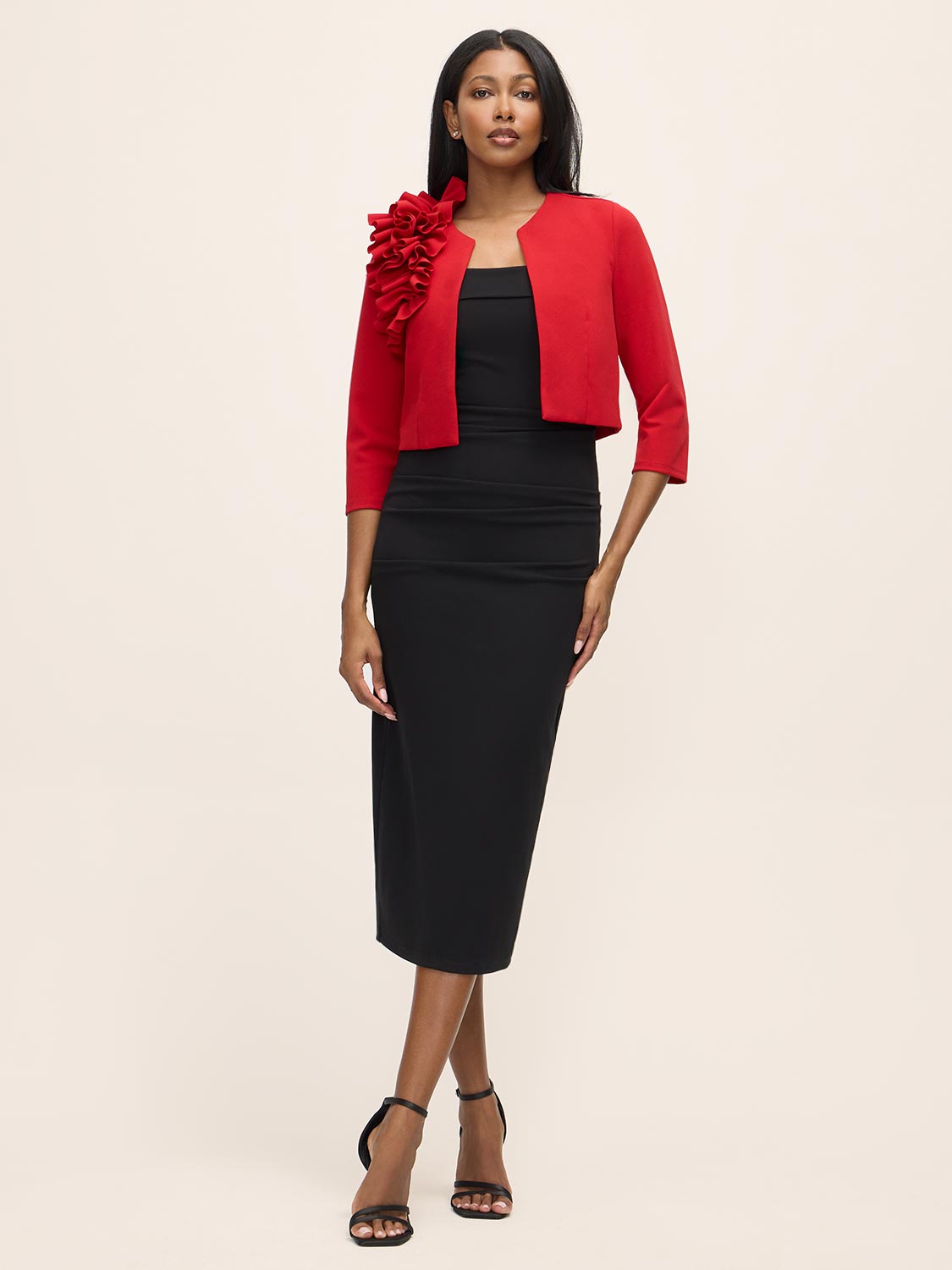 Red Knit Crepe Bolero with Side Ruffle - Front View - Le Chateau