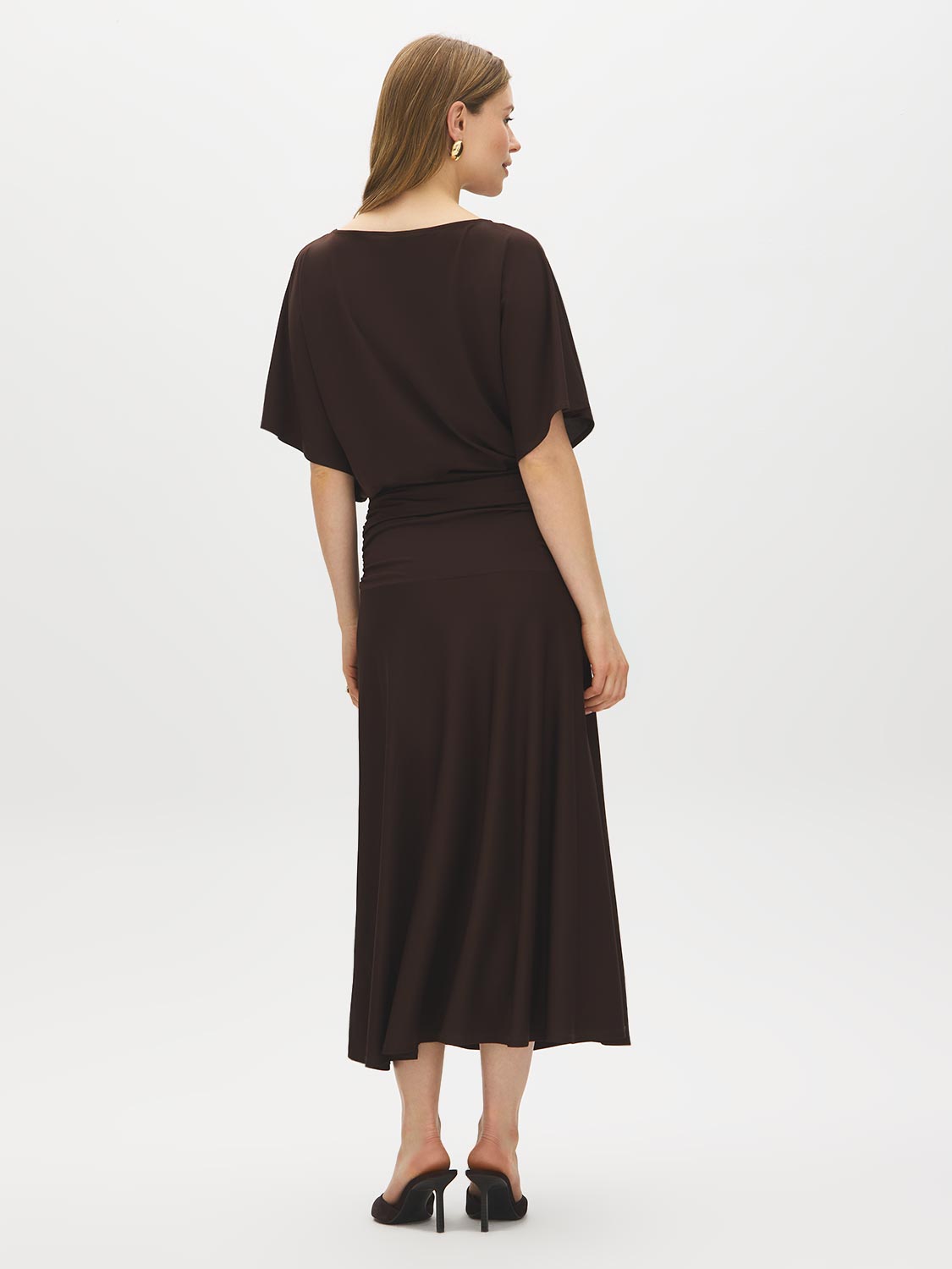 Coffee Bean Dolman Sleeve Midi Dress with Gathered Waist - Back View - Suzy Shier