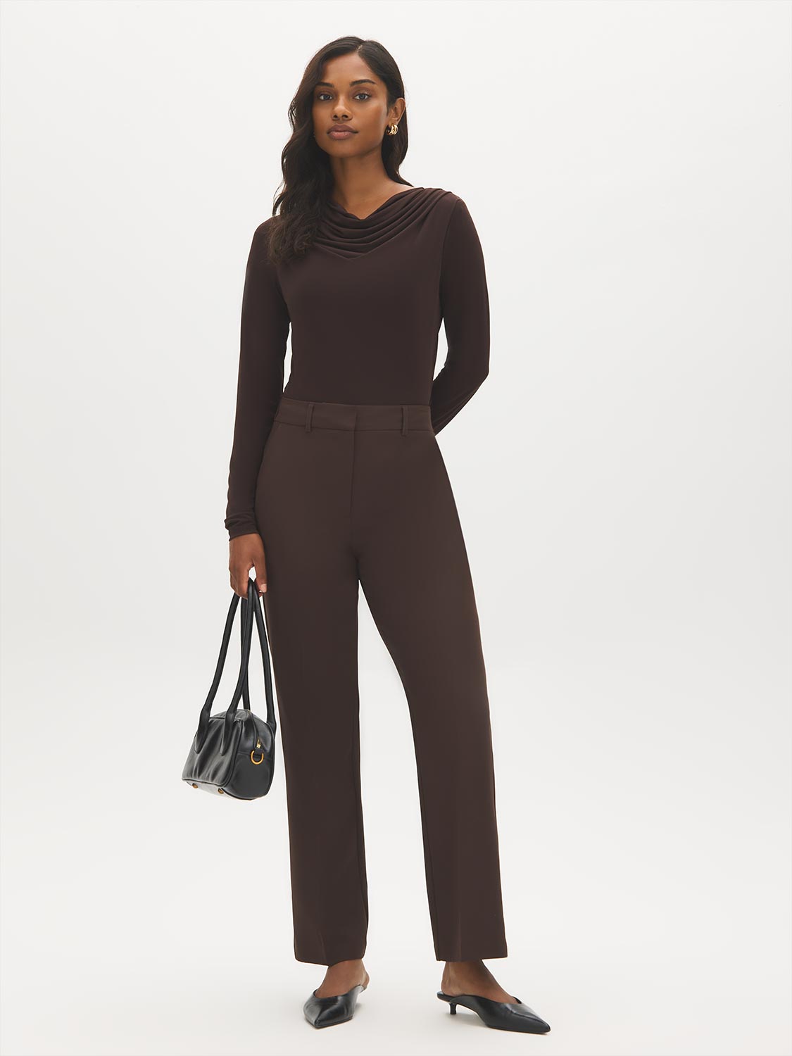 Coffee Bean Cowl Neck Mesh Top - Front View - Suzy Shier