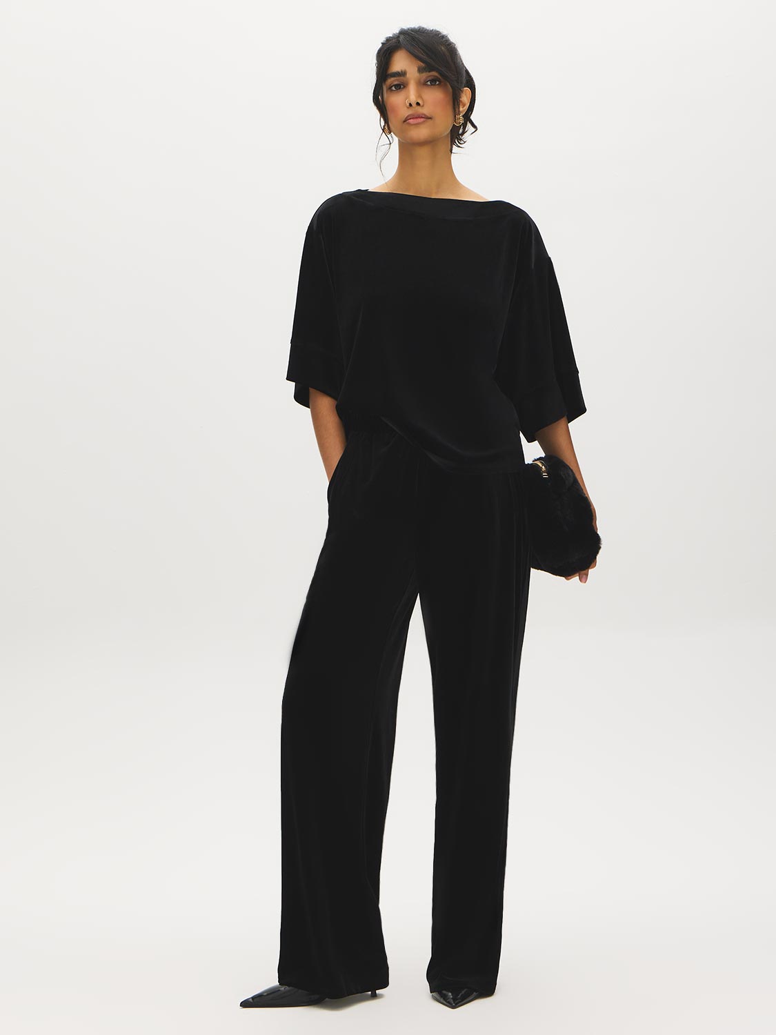 Black Velvet Wide-Leg Pull-On Pants - Woman Wearing Knit Velvet Trousers - Suzy Shier
