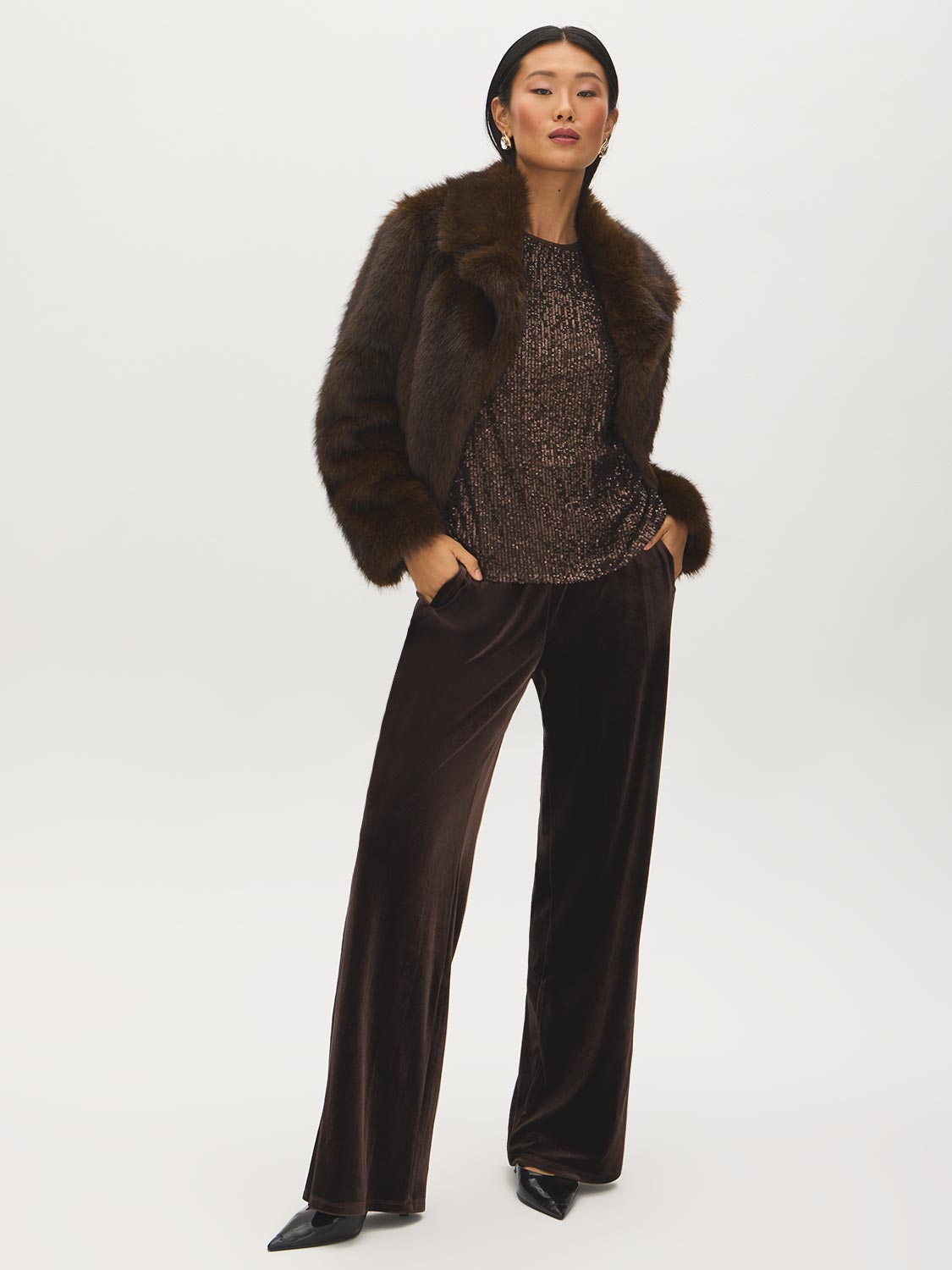 Brown Sequined Mesh Tee - Front View - Suzy Shier