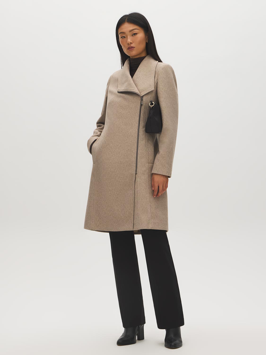 Taupe Melange Asymmetrical Zip Faux Wool Coat - Front View - Suzy Shier