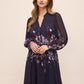 Dark Sapphire Border Floral Midi Dress with Puff Sleeves - Front View - Le Chateau