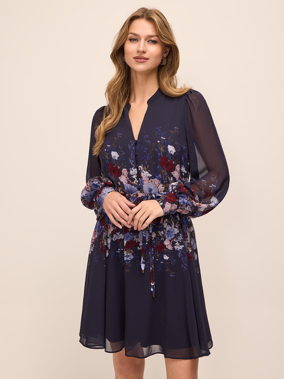 Dark Sapphire Border Floral Midi Dress with Puff Sleeves - Front View - Le Chateau
