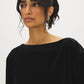 Jet Black Velvet Boat Neck Boxy Top - Close-up Collar Detail - Suzy Shier