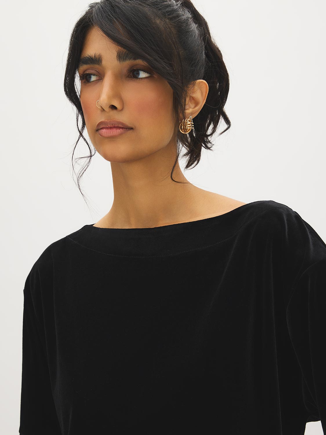 Jet Black Velvet Boat Neck Boxy Top - Close-up Collar Detail - Suzy Shier