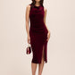 Burgundy Velour Draped Cowl Neck Sheath Dress - Woman Wearing Elegant Evening Dress - Le Chateau