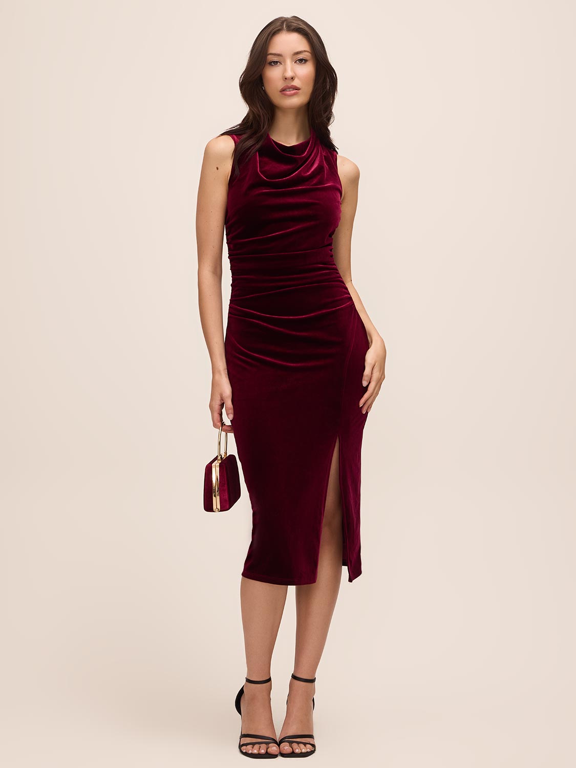 Burgundy Velour Draped Cowl Neck Sheath Dress - Woman Wearing Elegant Evening Dress - Le Chateau