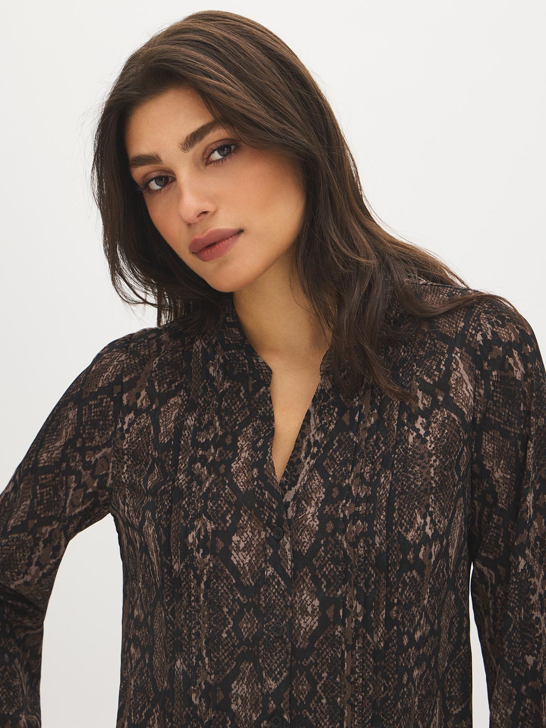 Meteorite Multi Printed Pintuck Blouse - Close-up Fabric Detail - Suzy Shier