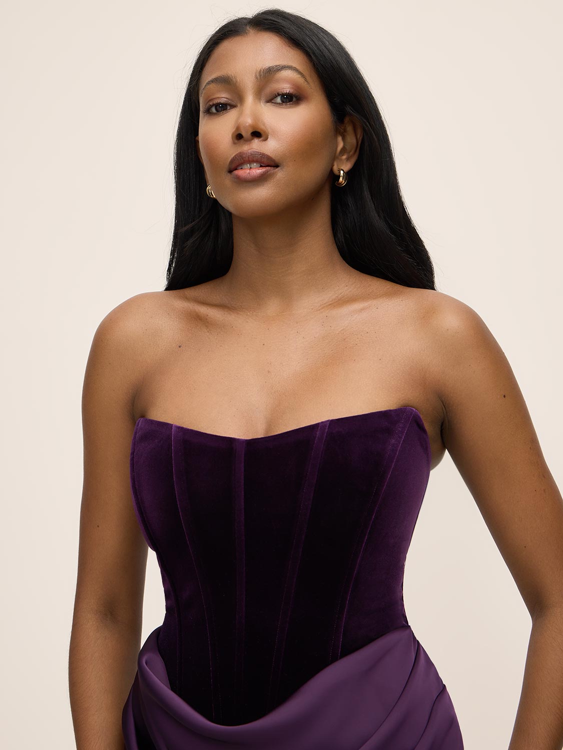 Dark Plum Bustier Gown with Velour Upper - Close-up Bustier Detail - Le Chateau