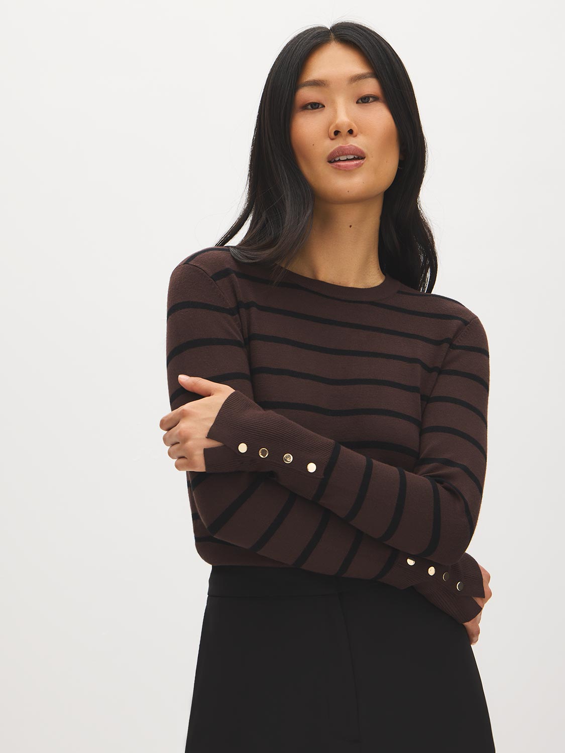 Coffee Bean/Black Stripe Knit Sweater with Snap Button Sleeves - Woman Wearing Striped Crew Neck Sweater - Suzy Shier