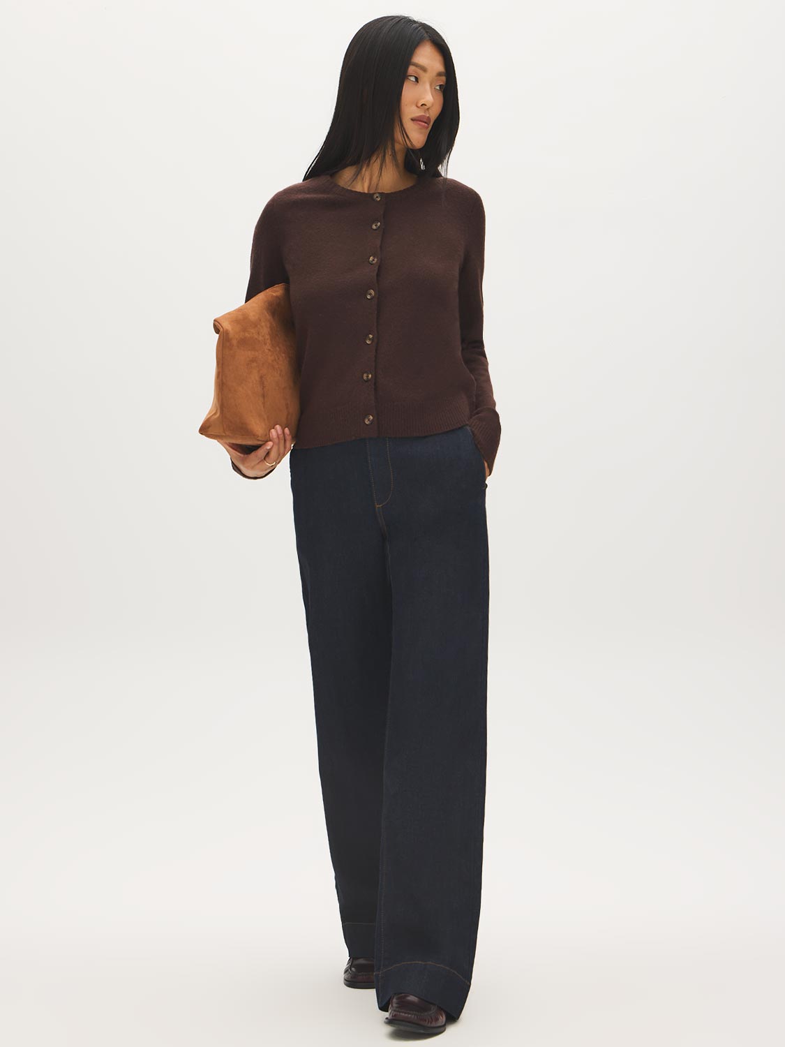 Coffee Bean Button-Front Crew Neck Cardigan - Front View - Suzy Shier