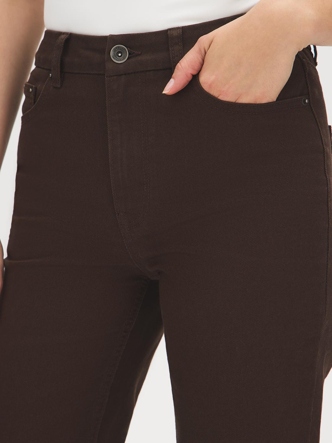 Coffee Bean Straight Leg Colored Denim Pant - Close-up Pocket Detail - Suzy Shier