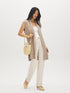 Tan Melange Sleeveless Ribbed Shawl Collar Vest - Front View - Suzy Shier