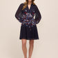Dark Sapphire Border Floral Midi Dress with Puff Sleeves - Front View - Le Chateau