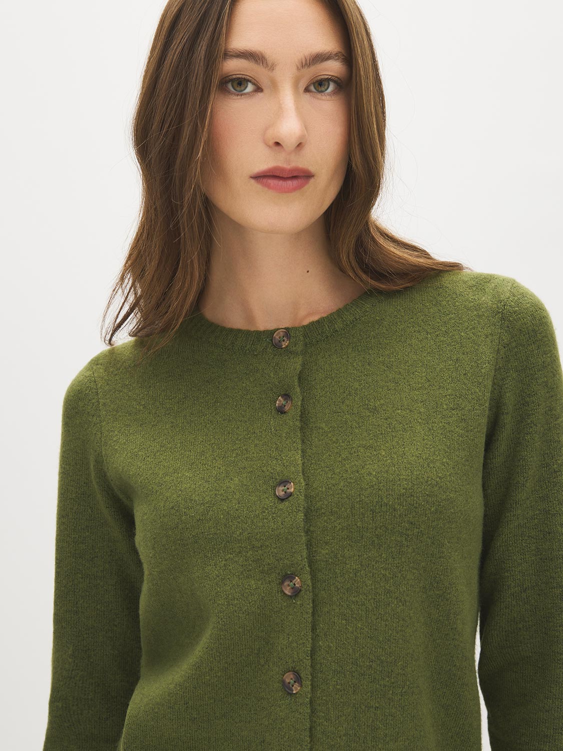 Chive Crew Neck Button-Front Cardigan - Close-up Button Detail - Suzy Shier