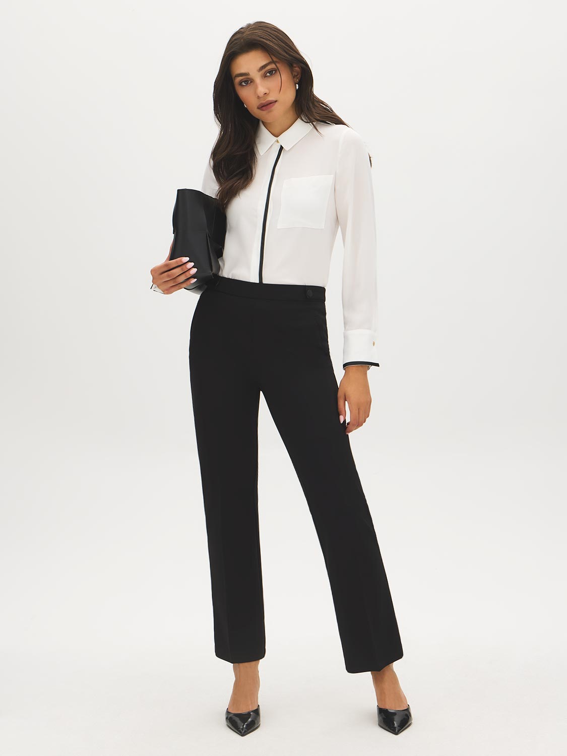 Bright White faux-leather Trim Long Sleeve Blouse - Front View - Suzy Shier