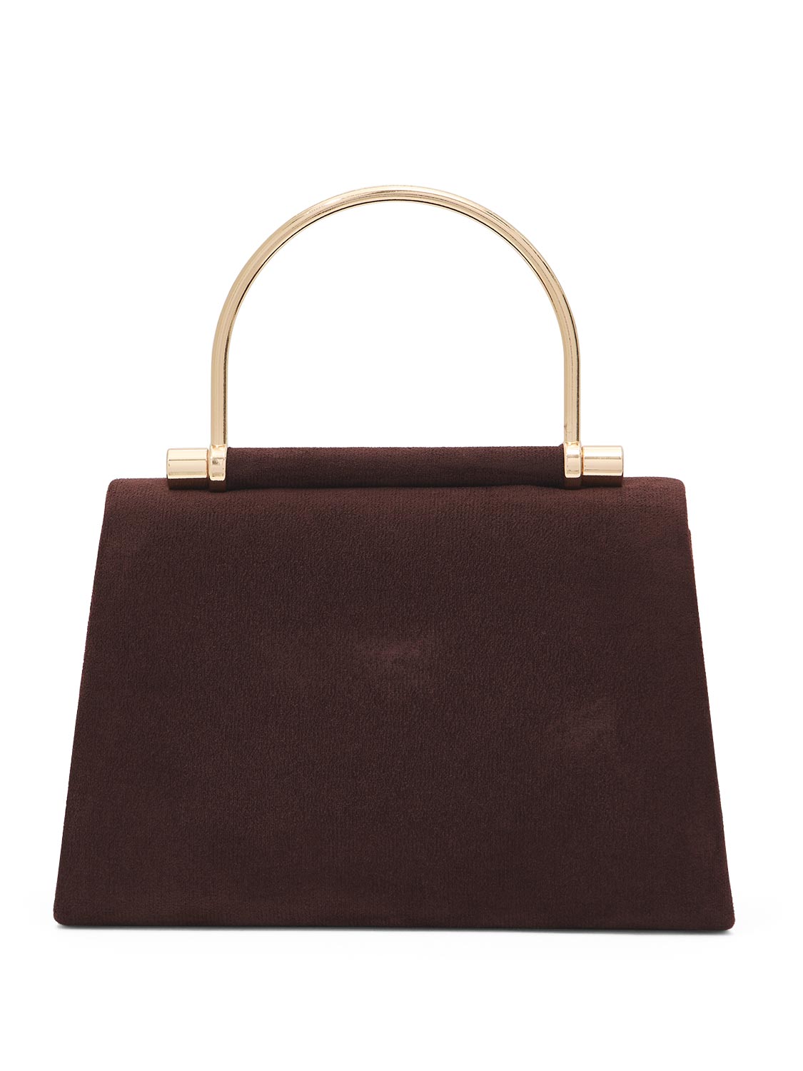 Dark Brown Woven Faux Suede Bag with Gold Top Handle - Back View - Le Chateau