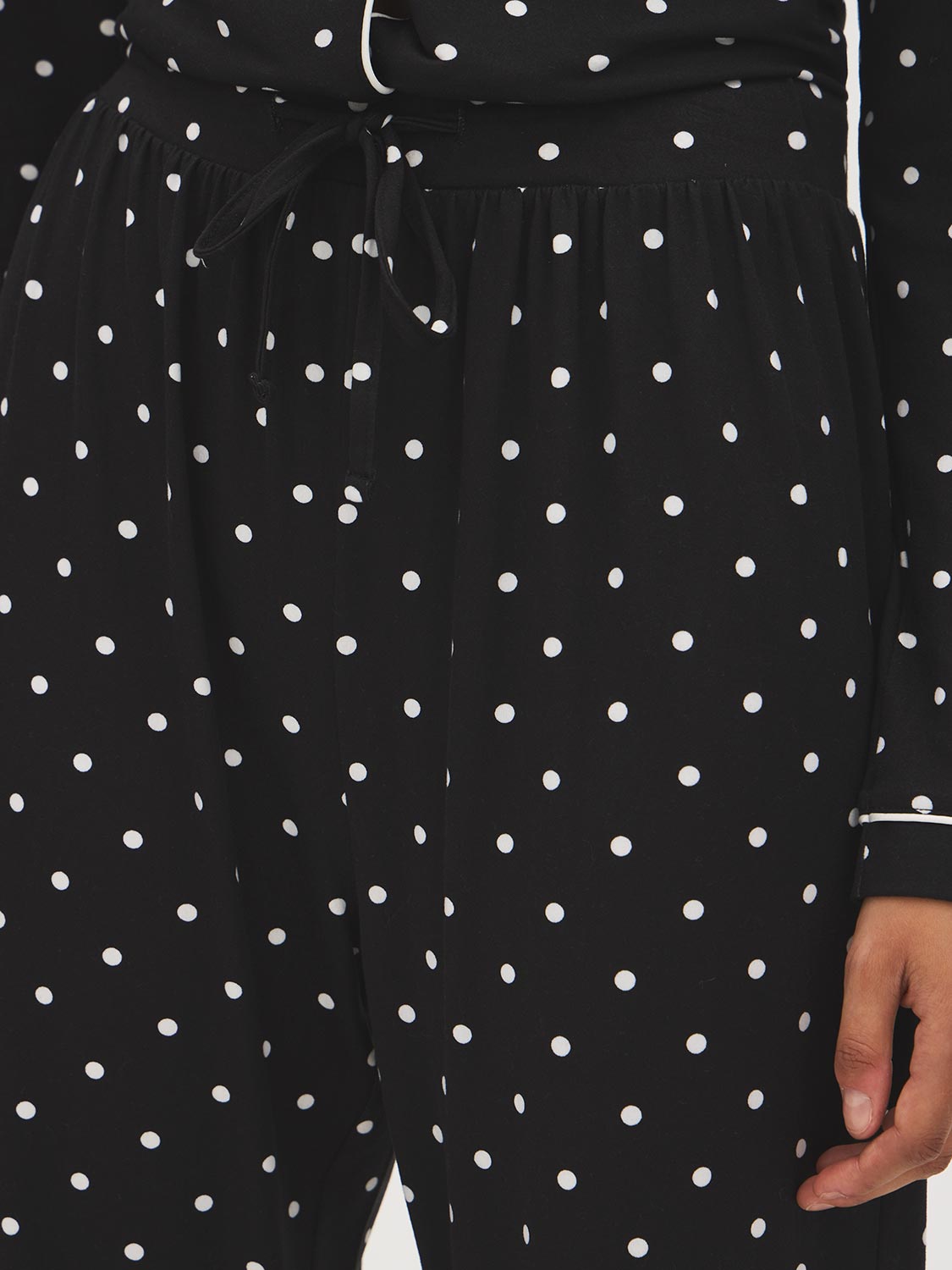 Jet Black/Snow White Polka Dot Two-Piece PJ Set - Waistband Detail - Suzy Shier
