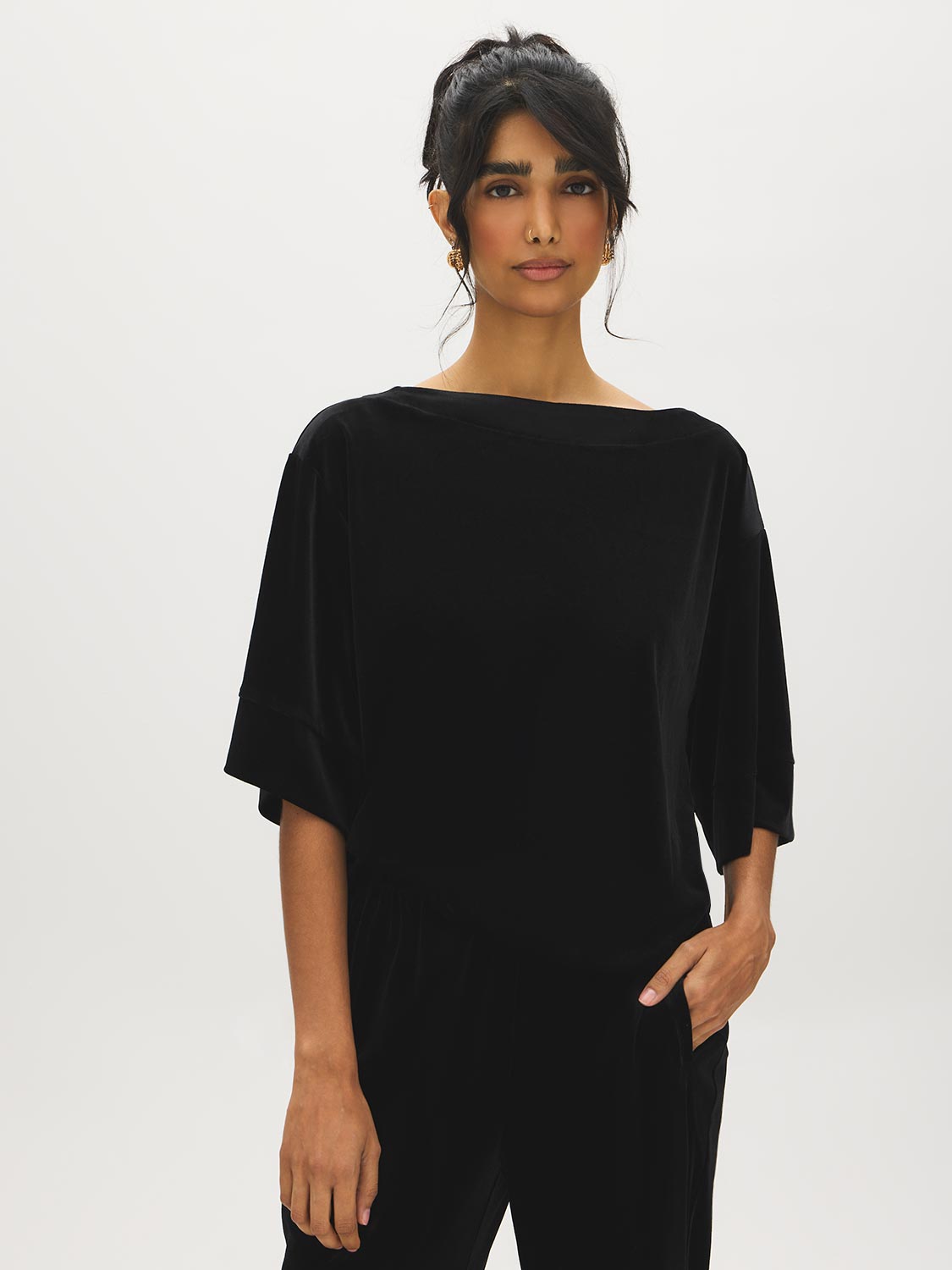 Jet Black Velvet Boat Neck Boxy Top - Woman Wearing Wide Sleeve Knit Top - Suzy Shier