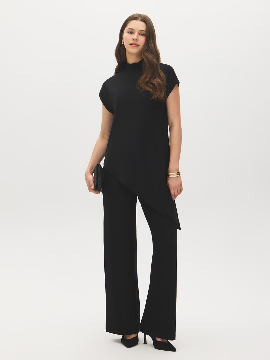 Black Mock Neck Shimmer Asymmetrical Top - Front View - Suzy Shier