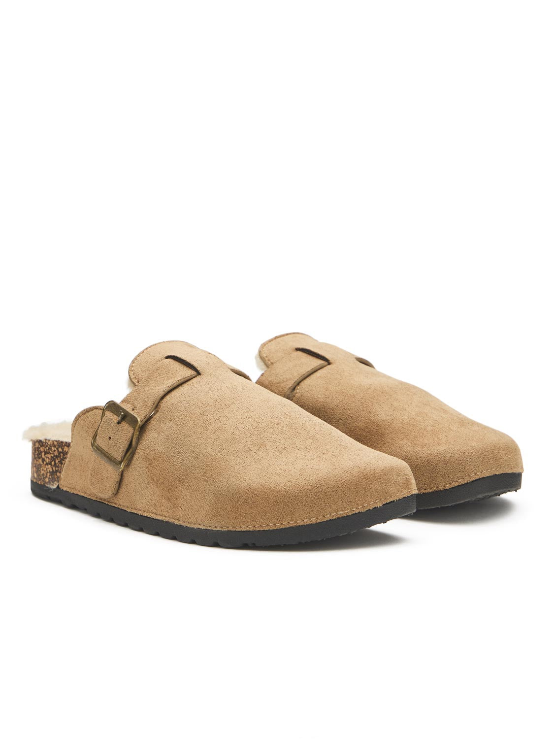 Black Faux Suede Clog with Sherpa Lining - Front Angle View - Suzy Shier