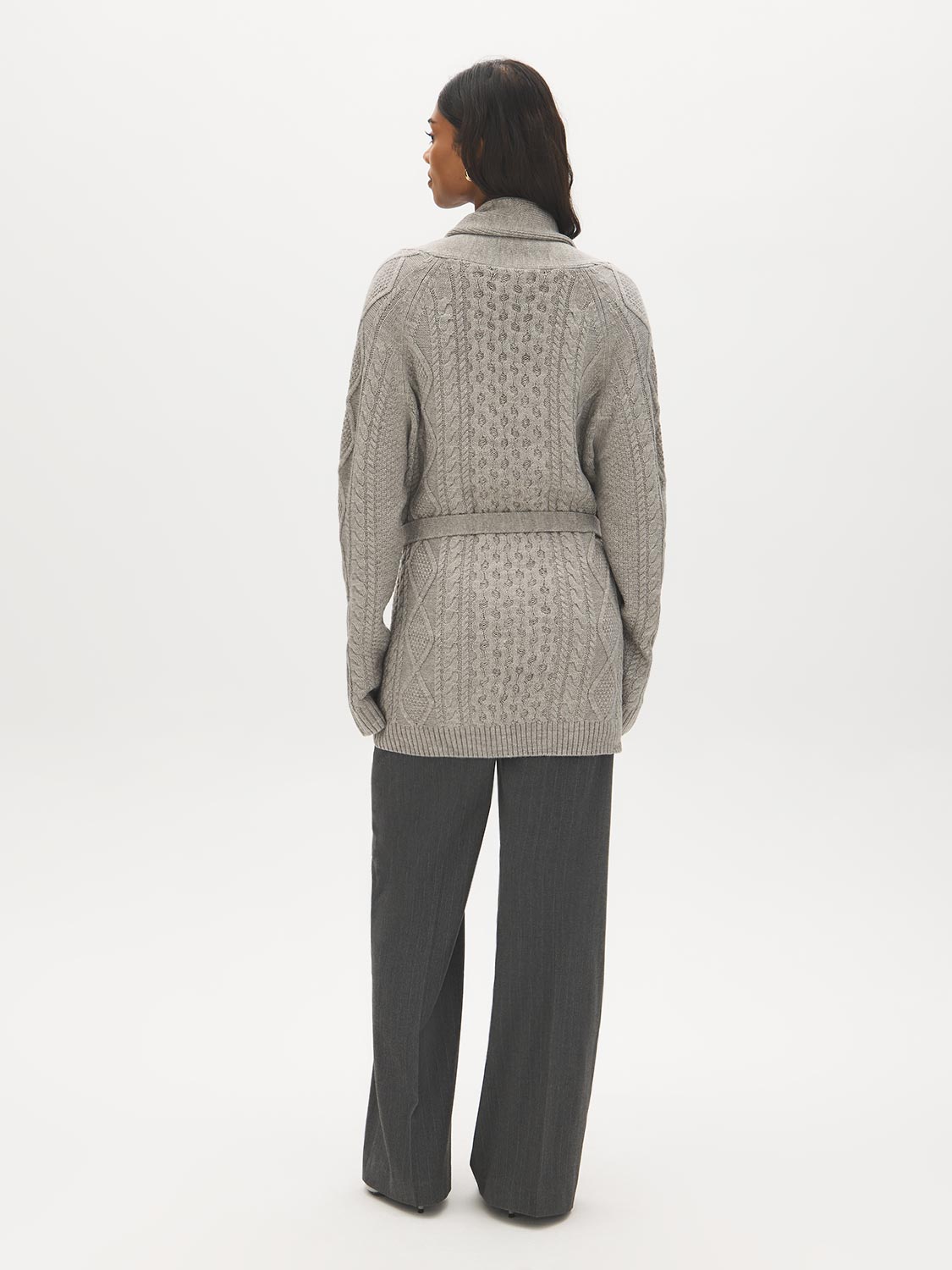 Dolphin Melange Cable Knit Shawl Collar Duster Sweater - Back View - Suzy Shier
