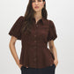 Milk Chocolate Textured Peplum Blouse with Puff Sleeves - Woman Wearing Button-Front Blouse - Suzy Shier