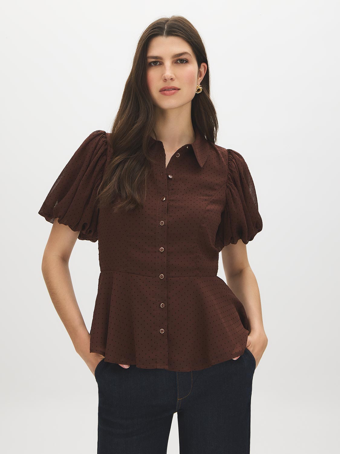 Milk Chocolate Textured Peplum Blouse with Puff Sleeves - Woman Wearing Button-Front Blouse - Suzy Shier