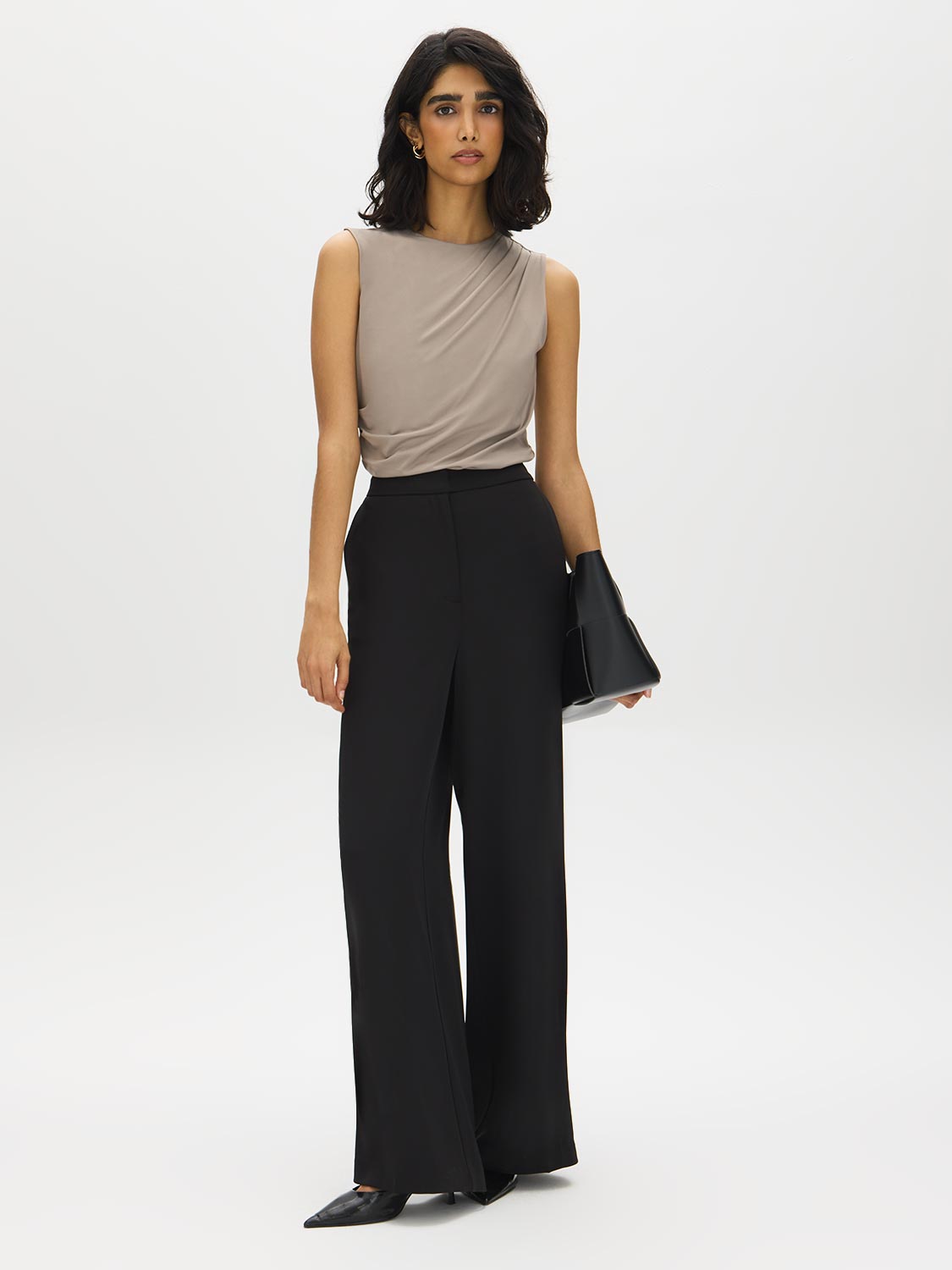 Lt Grey Sleeveless Crew Neck Shell Top with Side Pleats - Suzy Shier
