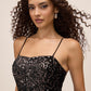 Charcoal Velvet Sequin Fit & Flare Midi Dress - Close-up Neckline Detail - Le Chateau