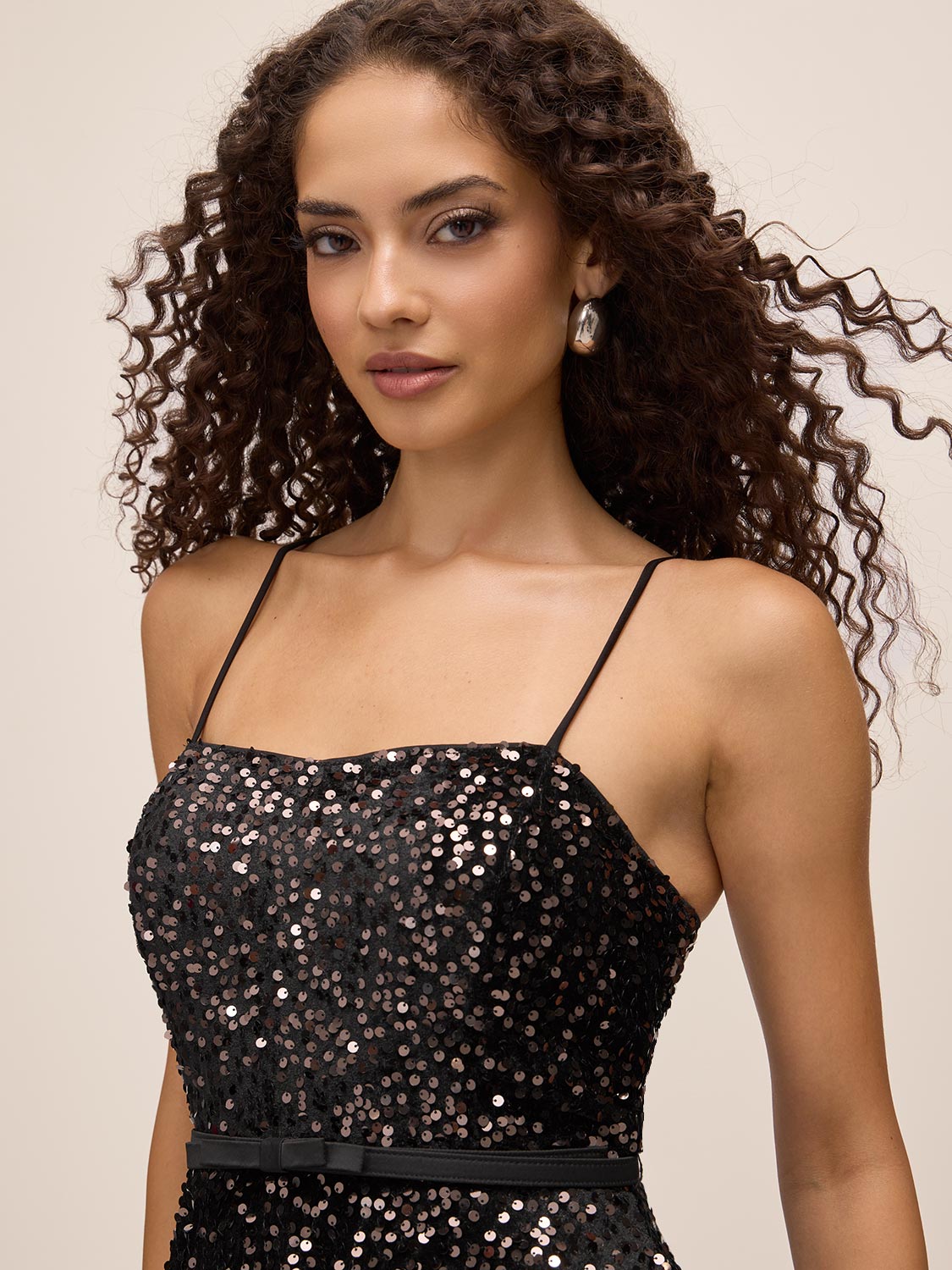 Charcoal Velvet Sequin Fit & Flare Midi Dress - Close-up Neckline Detail - Le Chateau