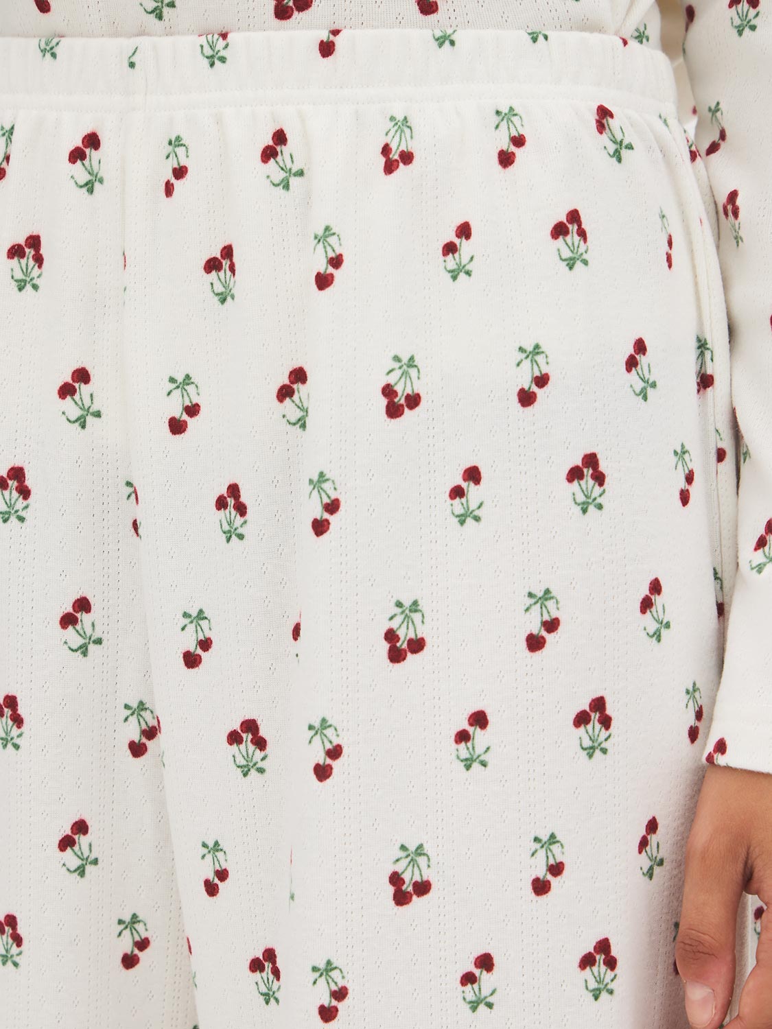 Snow White Cherry Bow Print Knit PJ Set - Close-up Fabric Detail - Suzy Shier