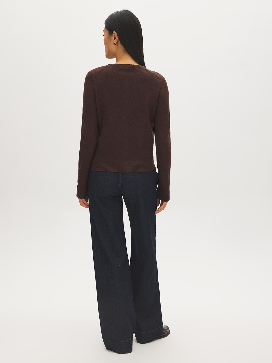 Coffee Bean Button-Front Crew Neck Cardigan - Back View - Suzy Shier