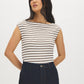 Winter White/Bison/Coffee Bean Striped Boat Neck Top - Woman Wearing Relaxed Fit Knit Top - Suzy Shier