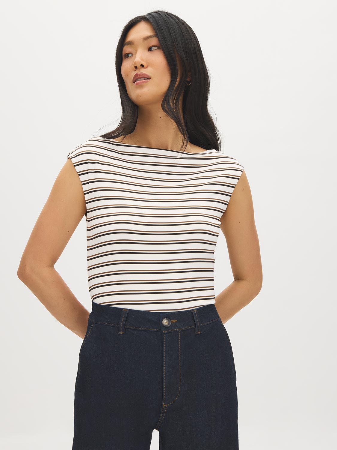 Winter White/Bison/Coffee Bean Striped Boat Neck Top - Woman Wearing Relaxed Fit Knit Top - Suzy Shier