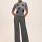 Charcoal Beaded Mock Neck Knit Sweater - Alternate Full Body Front View - Le Chateau