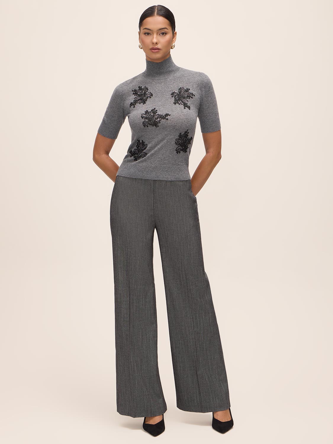 Charcoal Beaded Mock Neck Knit Sweater - Alternate Full Body Front View - Le Chateau