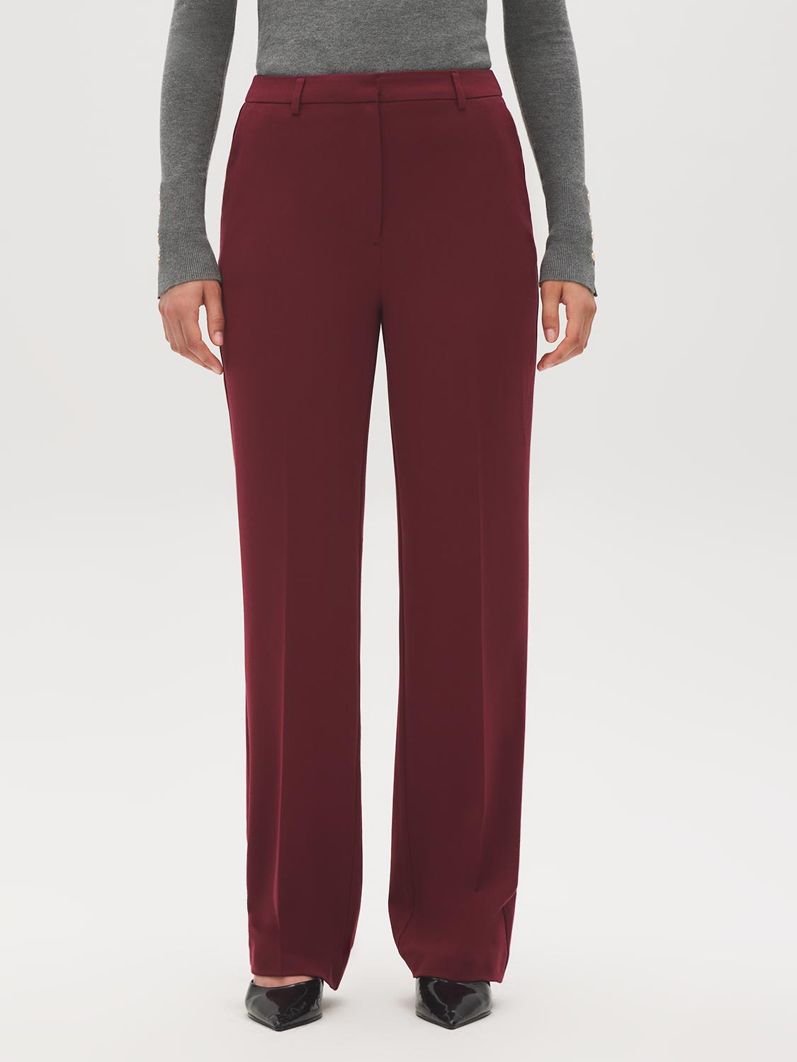 Merlot Mid-Rise Straight Leg Trousers - Woman Wearing Tailored Office Pants - Suzy Shier