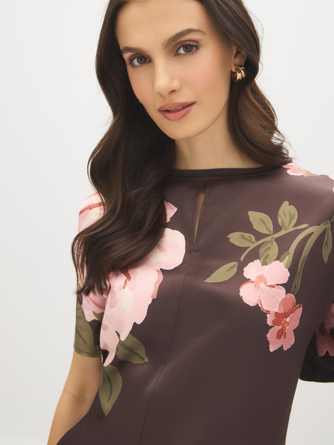 Coffee Bean Floral Satin-Front Dolman Sleeve Top - Close-up Fabric Detail - Suzy Shier