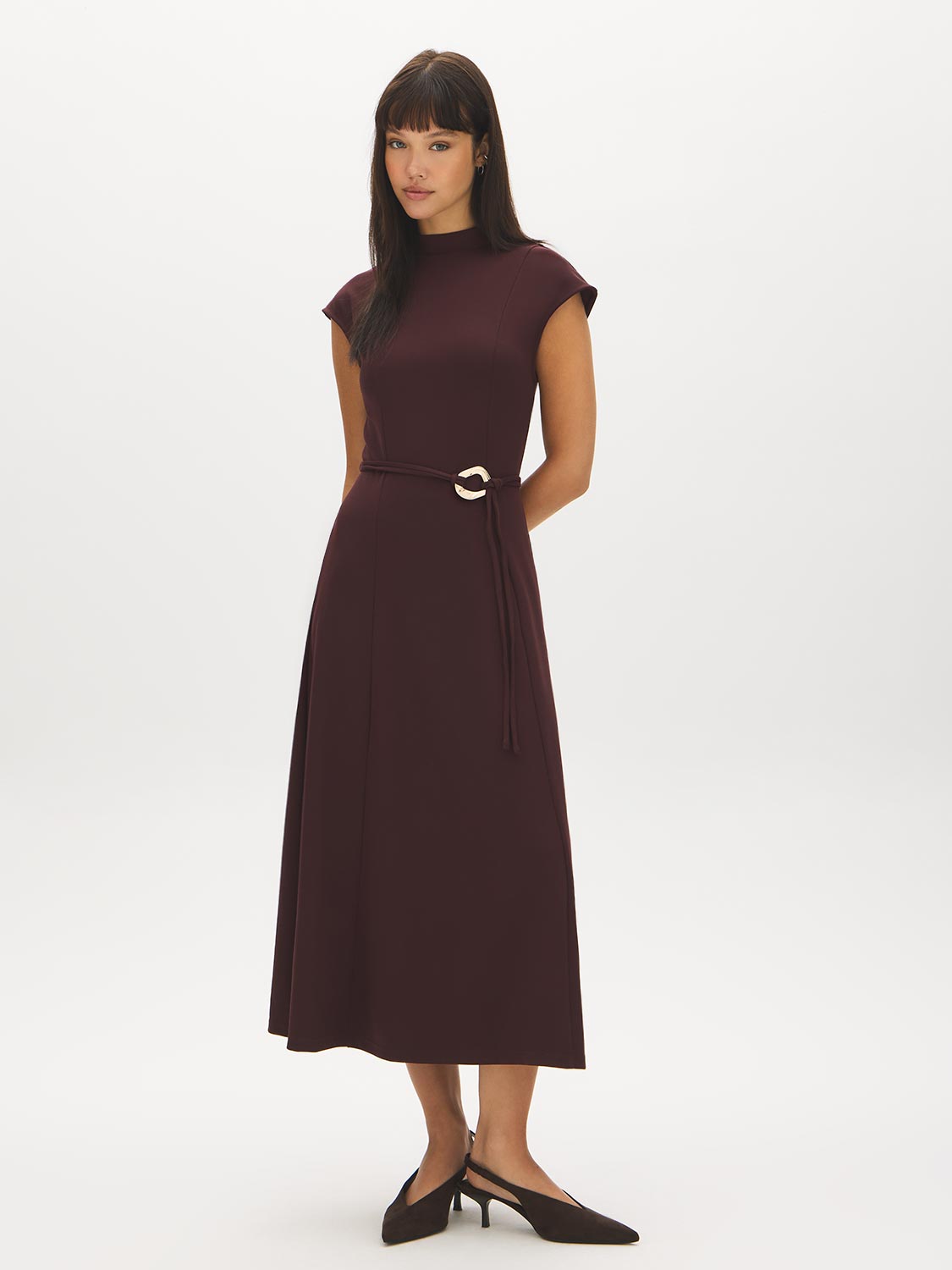 Winetasting Keyhole Back Knit Dress with Belt - Front View - Suzy Shier