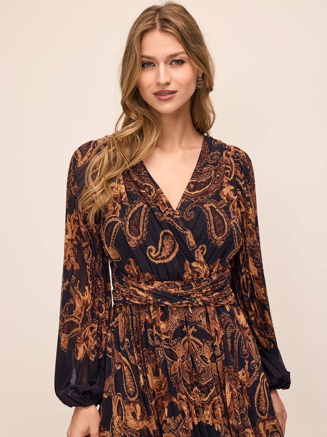 Dijon/Black Paisley Crossover Midi Dress - Front View - Le Chateau