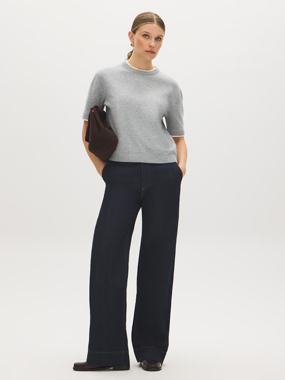 Grey Mix Double Layer Knit Sweater Tee - Front View - Suzy Shier
