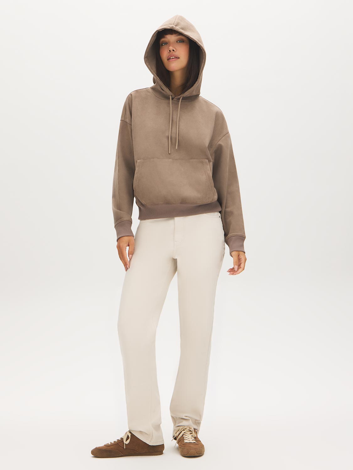 Wood Hooded Faux Suede Sweatshirt with Front Pocket - Front View - Suzy Shier